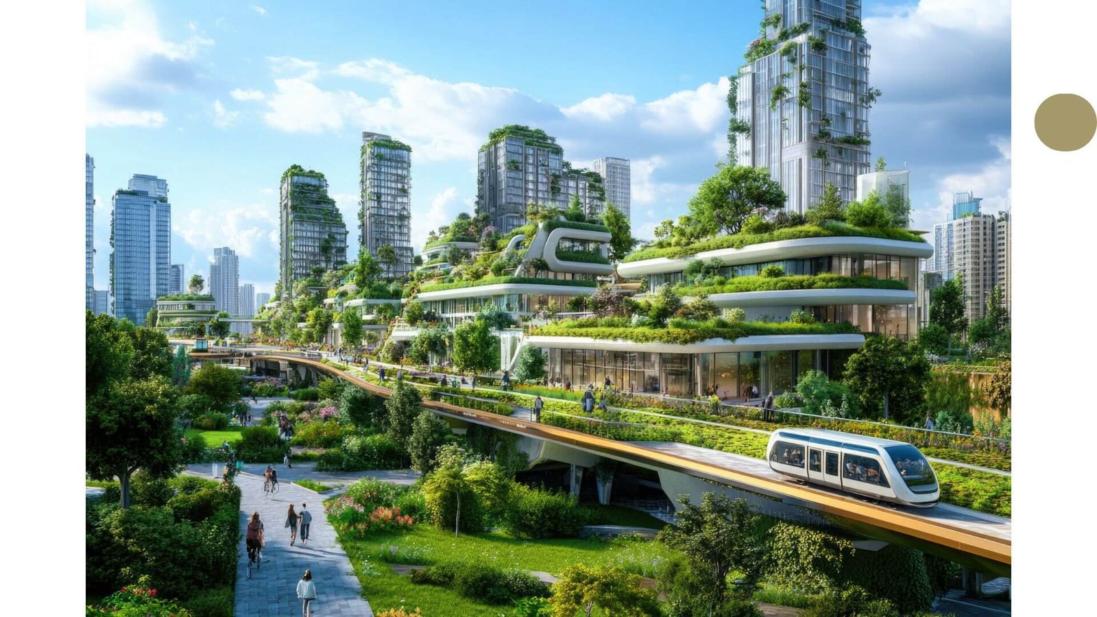 Nachhaltige Smart City mit begrünten Gebäuden und moderner Stadtbahn in Australien