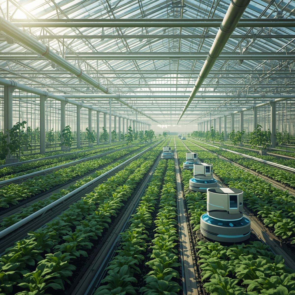 Modernes Gewächshaus mit autonomen Robotern zur Pflanzenproduktion