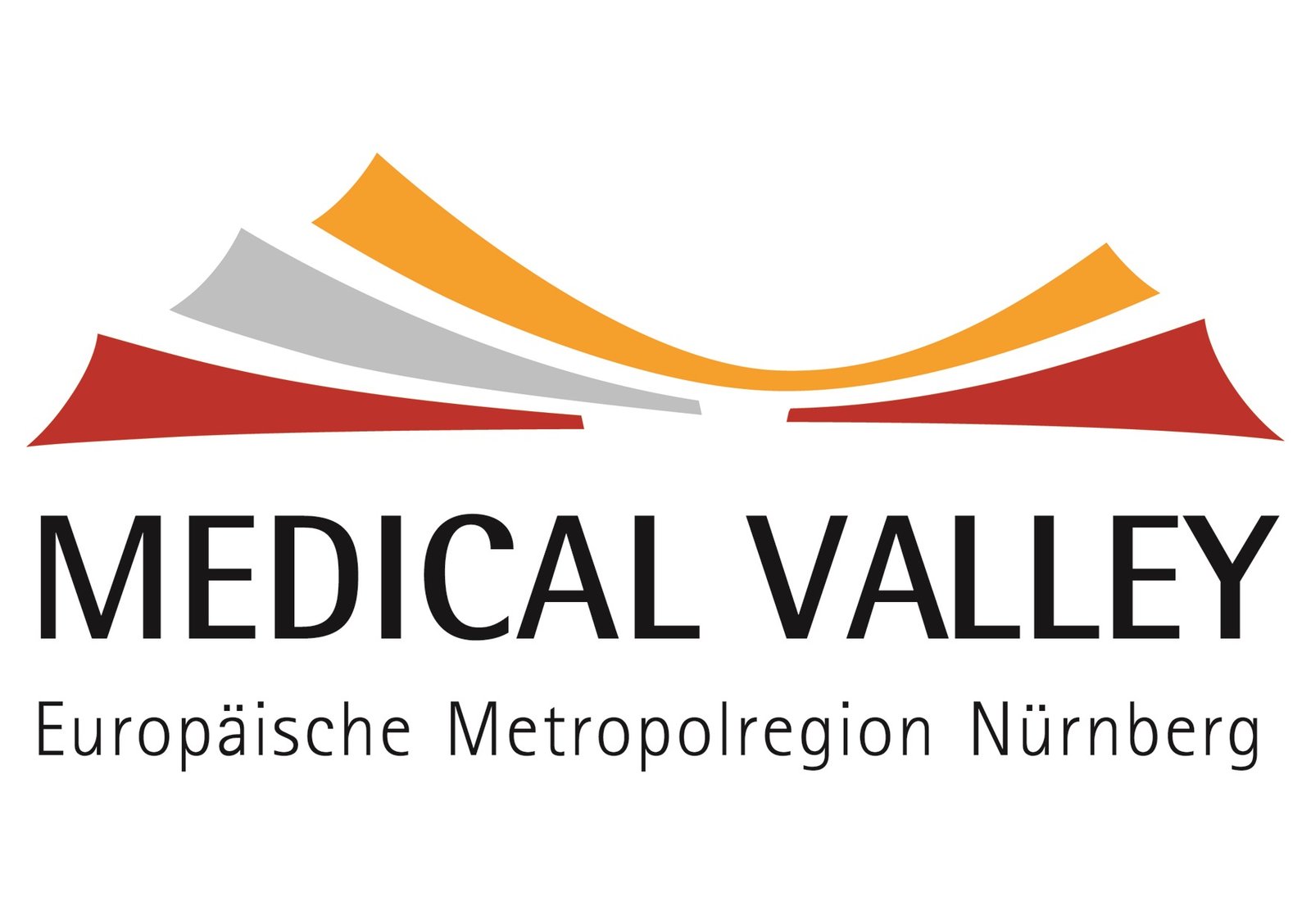 Logo von Medical Valley – Europäische Metropolregion Nürnberg mit geschwungenen roten, grauen und orangefarbenen Linien über dem Schriftzug