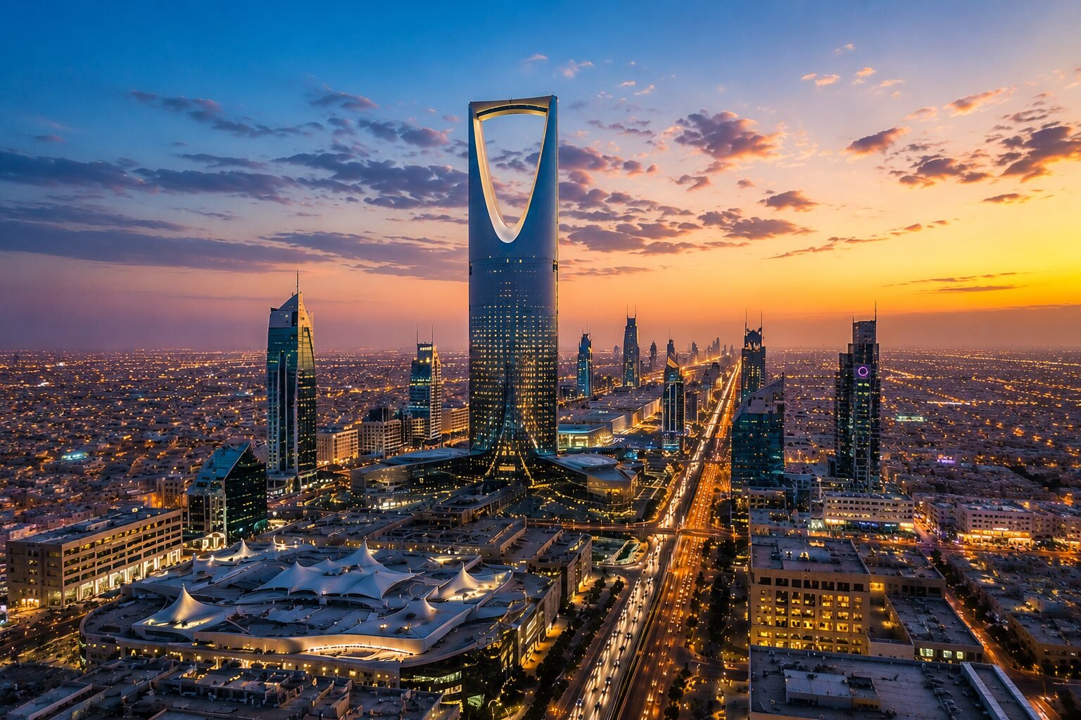 „Moderne Skyline von Riyadh mit dem markanten Kingdom Centre Tower und beleuchteten Geschäftsvierteln.“
