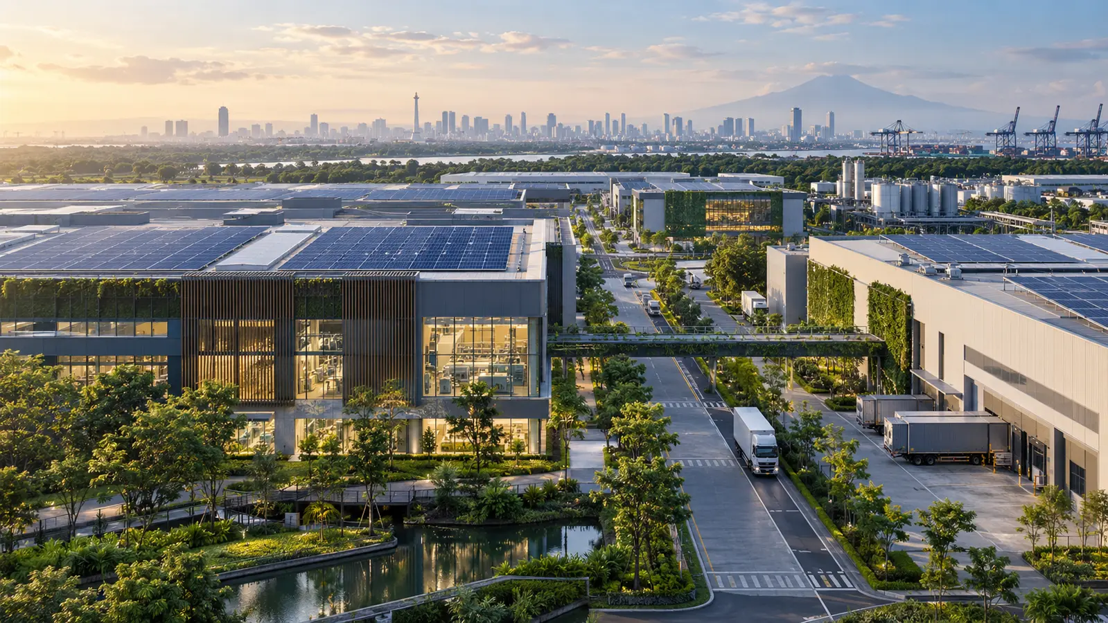 Moderner energieeffizienter Industriepark in Indonesien mit Solardächern